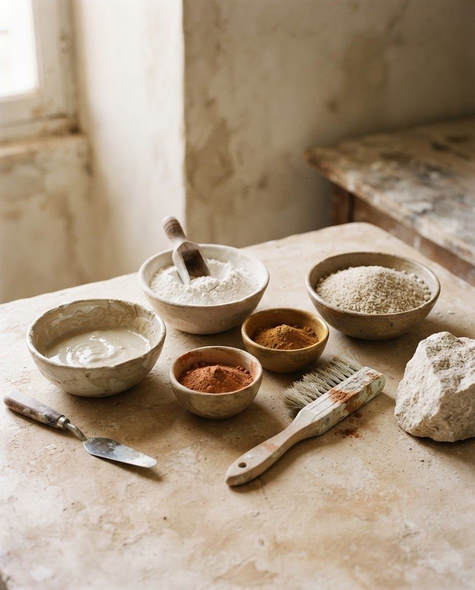 Lime, mineral pigments and a brush on a stone table
