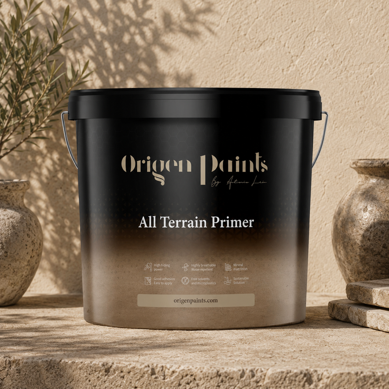 Black bucket of Origen Paints All Terrain Primer on a rustic surface with plants in the background