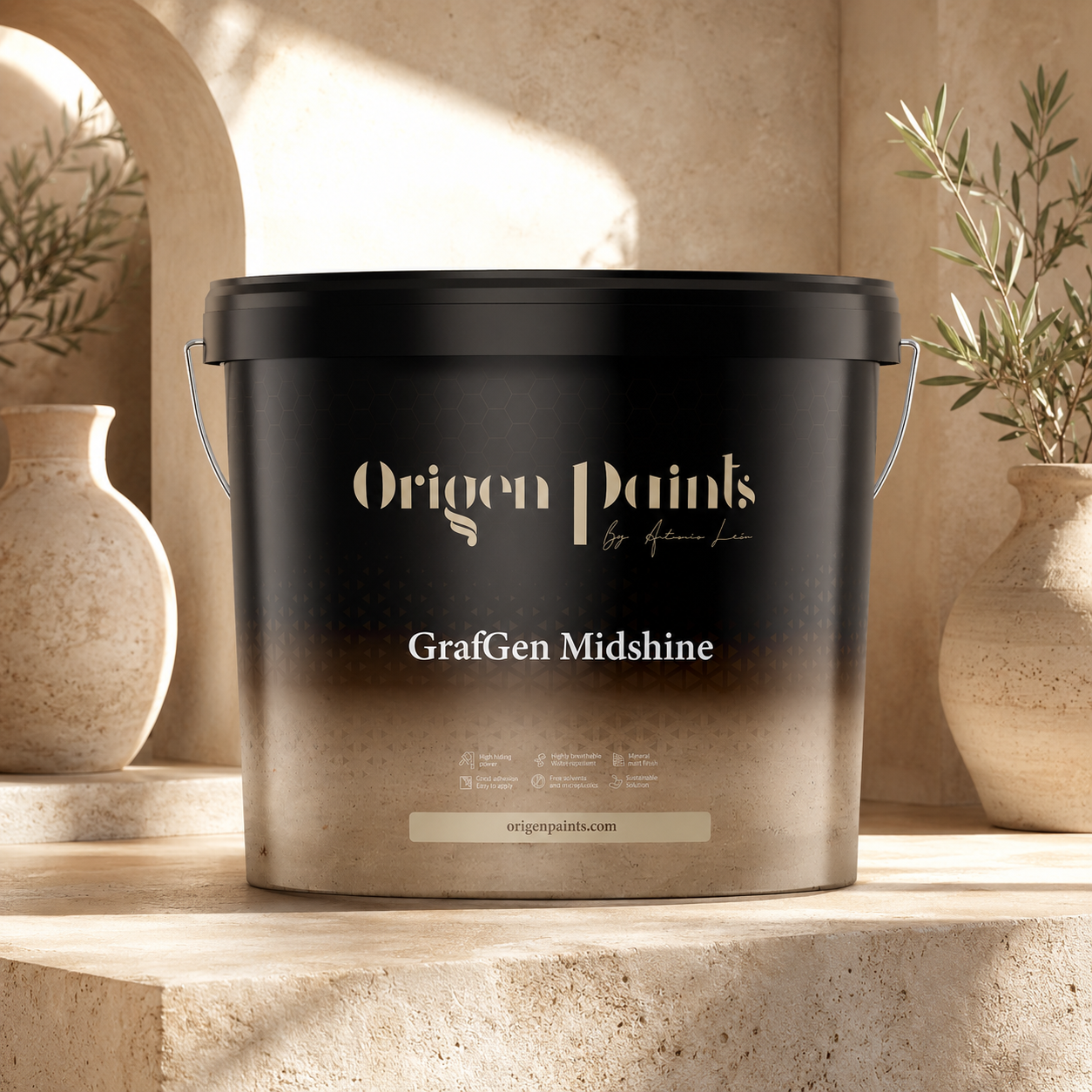 Black paint bucket labeled 'Origen Paints' on a decorative shelf with plants and vases.