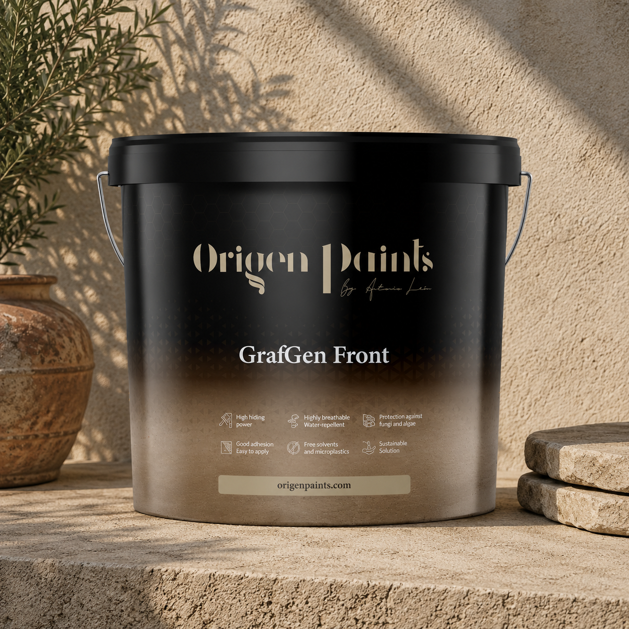 Origen Paints GrafGen Front paint bucket on a textured surface with a plant in the background