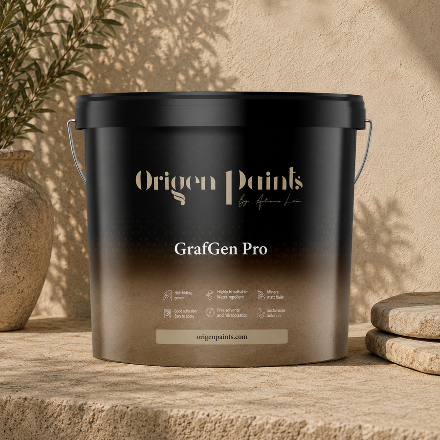Origen Paints GrafGen Pro paint bucket on a textured surface with a plant in the background