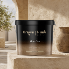 Black bucket labeled 'Origen Paints' on a stone surface with a neutral background