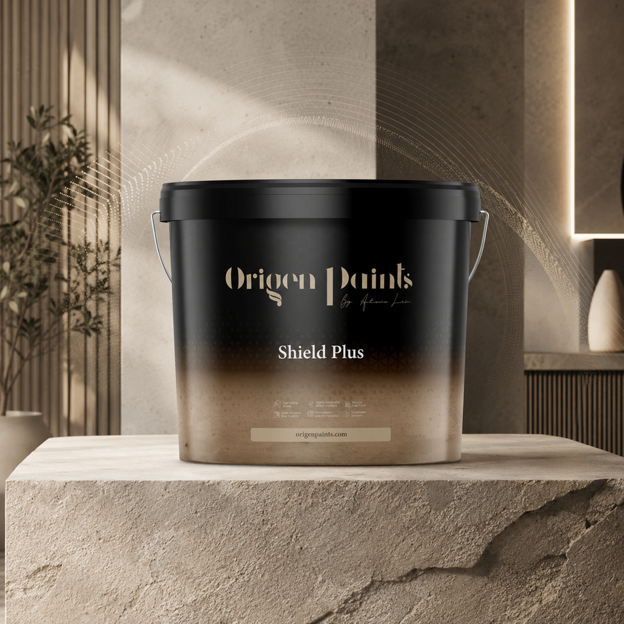 Black paint bucket labeled 'Origen Paints Shield Plus' on a stone surface with a neutral background