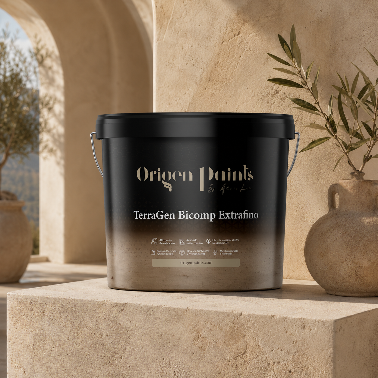 Black paint bucket labeled 'Origen Paints' on a stone surface with architectural elements in the background
