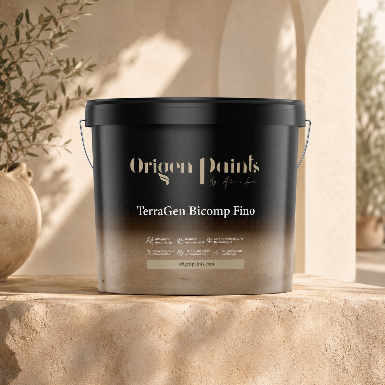 Black paint bucket labeled 'Origen Paints TerraGen Bicomp Fino' on a stone surface with a natural background.