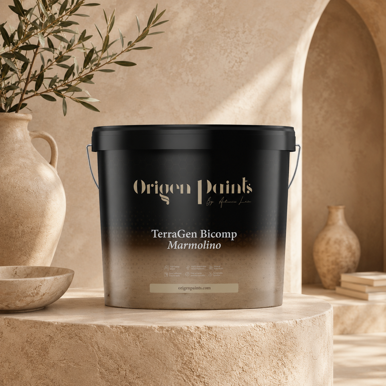 Black paint bucket labeled 'Origen Paints' on a stone surface with decorative vases and plants.
