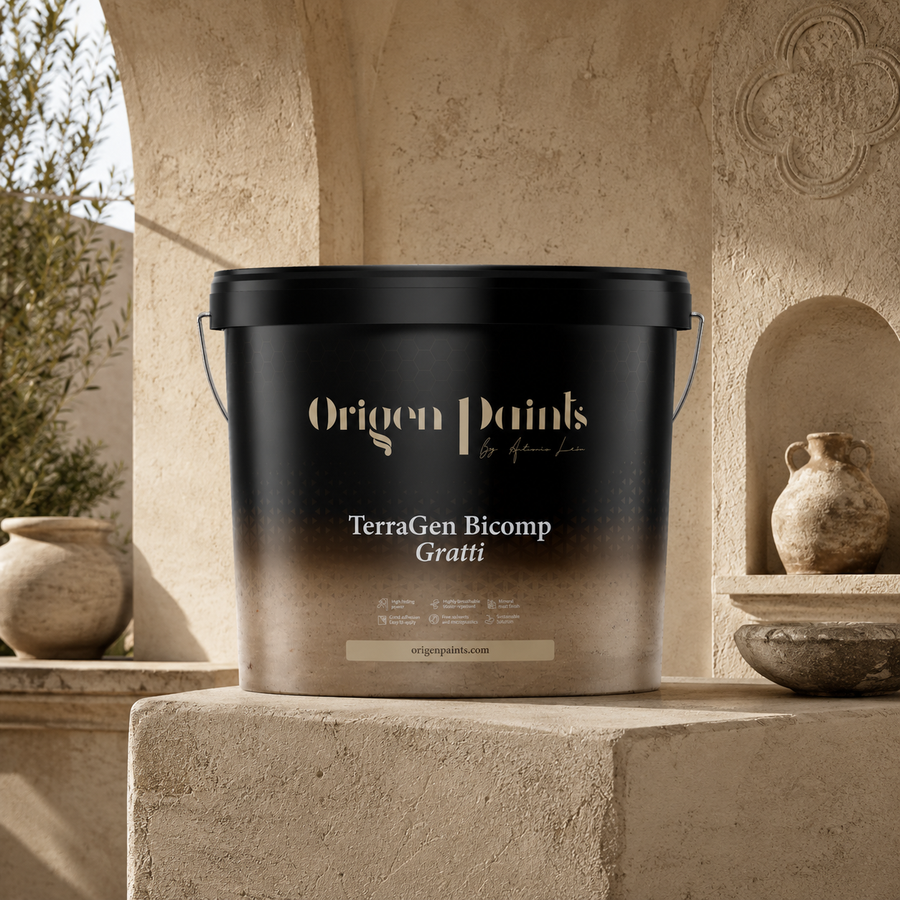 Black paint bucket labeled 'Origen Paints' on a stone surface with decorative elements in the background