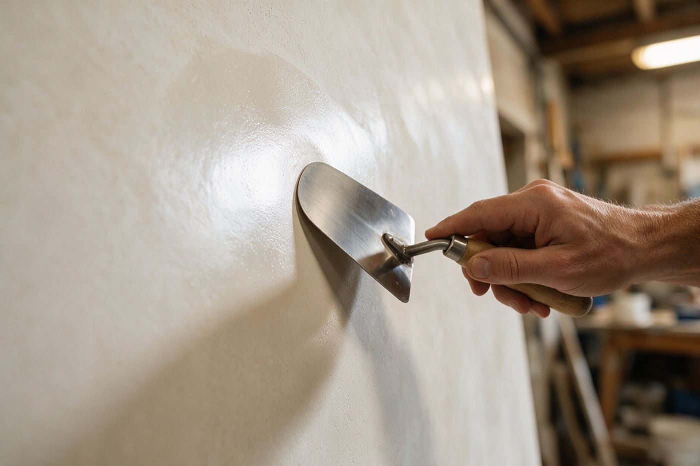A plasterer burnishing lime stucco with a steel trowel